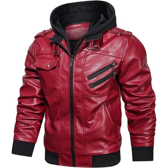Mens Red HOOD CREW Faux Leather Motorcycle Bomber Jacket Removable Hood - Picture 2 of 5